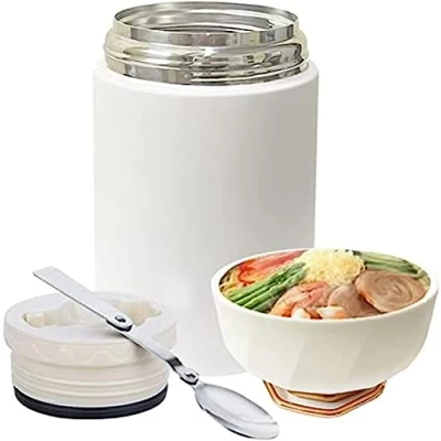 Image of Khobisoft Food Flask With Folding Spoon, 600ml (20oz) Stainless Steel Jar for Hot and Cold Meals Double Walled Soup Leakproof Containers (white)