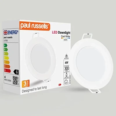 Image of paul russells LED Ceiling Downlights, 4W Slim Recessed Bathroom Kitchen Ceilings, 300 Lumens, 4000K Cool/Natural White, Cutout 70 80mm, Round Non Dimmable Panel Spotlights, 1 Pack
