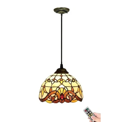 Image of Non Hardwired Tiffany Pendant Lighting Fixture,Battery Operated Hanging Light with Remote,Dimmable and Timer Antique Small Lamp indoor Decor for Kitchen Island Dining Room Hallway