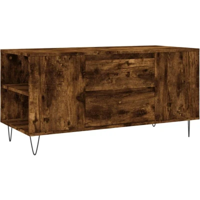 Image of vidaXL Modern Coffee Table with 2 Drawers and 4 Compartments Smoked Oak Finish, Metal Legs, Engineered Wood Material, Rectangular Shape for Living Room