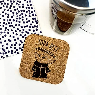 Image of eBuyGB Personalised Square Cork Coaster, Eco Friendly Engraved Baby Yoda Star Wars Themed Drinks Mat, Funny Gifts for Daughter from Mum &amp; Dad (Yoda Best Daughter)