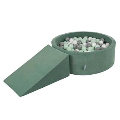 Image of KiddyMoon Foam Playground Velvet For Kids With Round Ballpit (200 Balls ∅ 7Cm/2.75In) Soft Obstacles Course And Ball Pool, Forest Green:White/Grey/Mint