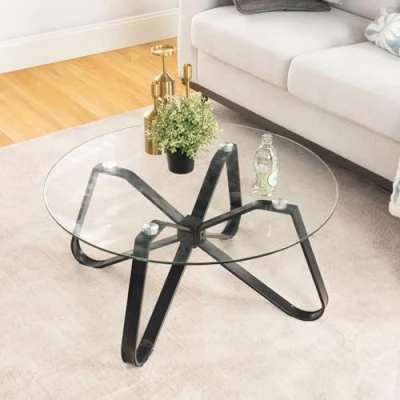 Image of HOMYLIN Round Coffee Table Nordic Minimalist Tempered Glass Top Modern Iron Black Base Side &amp; End for Home, Living Room, Patio, Garden, 80cm x 40cm