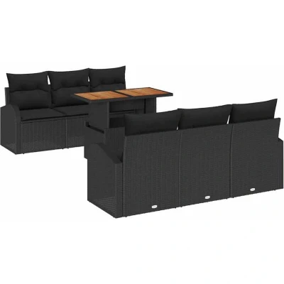 Image of vidaXL 7 Piece Garden Dining Set with Cushions Black Poly Rattan Acacia