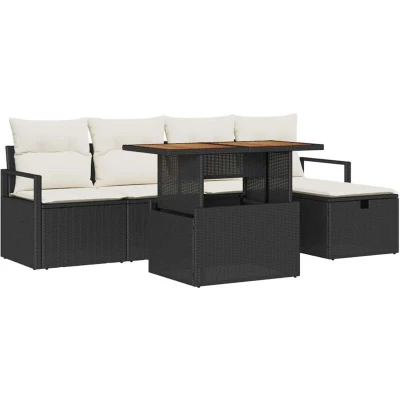 Image of vidaXL 6 Piece Garden Sofa Set with Cushions Black Poly Rattan