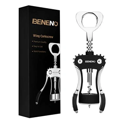 Image of Wine Bottle Openers, BENENO Zinc Alloy Premium Wing Corkscrew Opener with Multifunctional Corks and Caps Opener, Black
