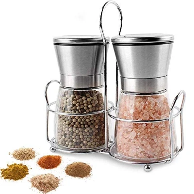 Image of Premium Stainless Steel Pepper and Salt Grinder Set of 2 with Stand Glass Adjustable Coarseness Rotor Refillable Top Shakers