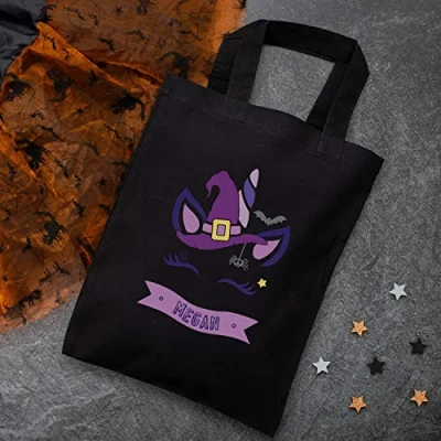 Image of Personalised unicorn witch trick or treat bag (Black bag) Halloween bags options