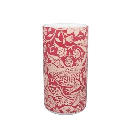 Image of Half Moon Bay Strawberry Thief by William Morris Raspberry Red 6 x 3 Inch Ceramic Stoneware Cylindrical Flower Vase, VAWM02