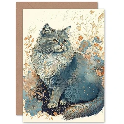 Image of Artery8 Fluffy Cat in Wildflowers Teal and Orange Watercolour Illustration Art Birthday Sealed Greeting Card Plus Envelope Blank inside