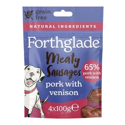Image of Forthglade 100% Natural Meaty Sausages 4x 100g Resealable Bags 65% Pork with Venison, Grain Free, Air Dried, Indulgent Best Friend Dog Treats, Perfect for Training Suitable 2+ Months