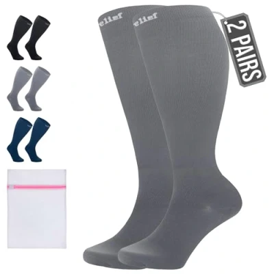 Image of 360 RELIEF 2 Pairs Plus Size Flight Compression Socks for Women &amp; Men, Comfortable Travel, Circulation Leg Relief, Pregnancy Support, 4XL, Grey + Laundry Bag