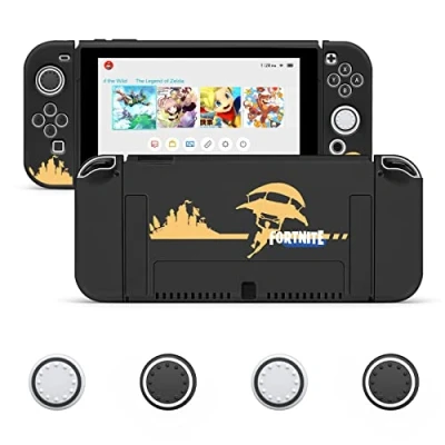 Image of JINGDU Protective Case Compatible with Switch OLED, Slim Cover Dockable TPU Accessories for OLED Console and Grip Joy Con, The Protector 4 Thumb Caps (Fortnite)