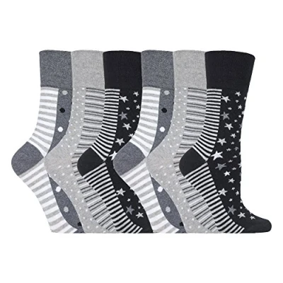 Image of NEW: 6 Pairs Ladies Gentle Grip No Elastic Socks 4 8 uk, 37 42 eur (GG99 Mono Spot/Stripe)