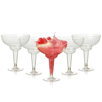 Image of MATANA 96 Elegant Plastic Margarita Cocktail Glasses with Gold Glitter (360ml / 12oz) Sturdy &amp; Reusable Daiquiri Martini for Weddings Birthdays, Christmas Outdoor Parties