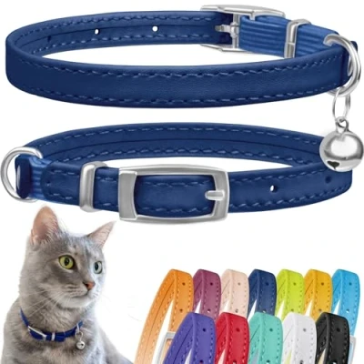 Image of CollarDirect Leather Cat Collar, Safety Collar with Elastic Strap, Kitten for Bell Black Blue Red Orange Lime Green (Neck Fit 9&quot; 11&quot;, Navy Blue)