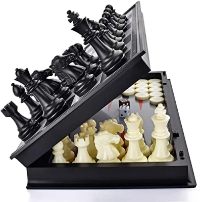 Image of OkidSTEM 3 In 1 Magnetic Chess Checkers Backgammon Board Game Set with Folding Games for Kids and Adults