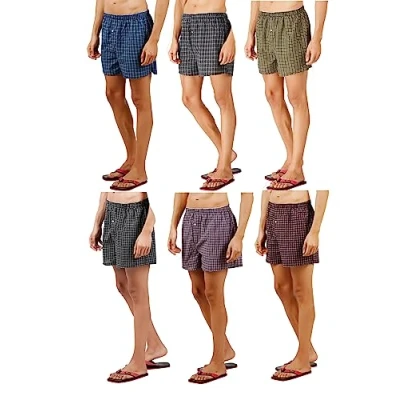 Image of Panzy 6 Woven Boxer Shorts for Men, Loose Comfort Fit Boxers, 100% Cotton, Elastic Waistband, Soft &amp; Breathable Underwear, Button Fly (S, BOXER) Multicolor