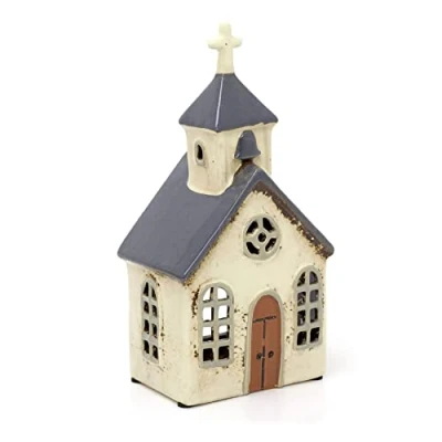 Image of Ceramic Village Church Tealight Candle Holder Rustic Style Chapel Tea Light Decoration Large Votive 24cm