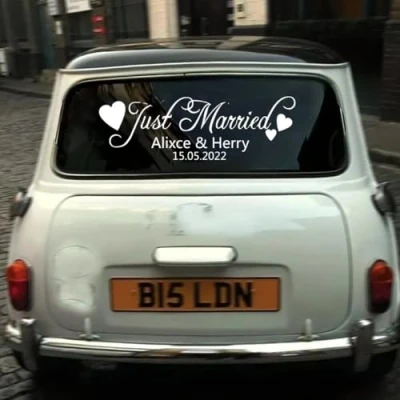Image of Personalized Name And Date White Stickers Bride Groom Car Decoration Window Removable Vinyl Stickers, Just Married Decal, Custom Wedding Decal For Sticker, Decor