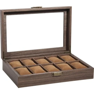 Image of Uten Watch Box with 10 Slots, Case Real Glass Lid, Wood Grain PU Leather Display Storage Removable Imitation Suede Pillows, Metal Clasp, Gift for Men and Women