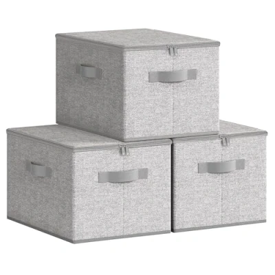 Image of SONGMICS Foldable Storage Organiser Boxes, Set of 3 Basket Bins with Lids, Handles, Clothes Organiser, 40 x 30 25 cm, Non Woven Fabric, Dove Grey RZB003W01