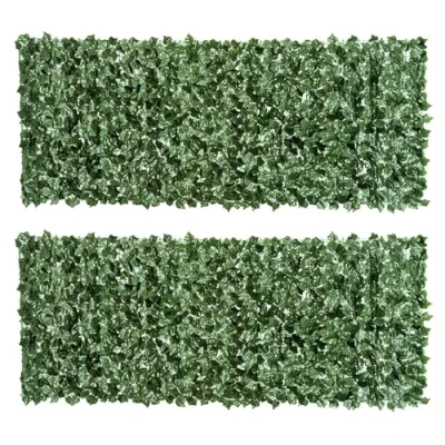 Image of Outsunny 2 Piece Artificial Leaf Hedge Screen Privacy Fence Panel for Garden Outdoor Indoor Decor, Dark Green, 2.4M x 1M
