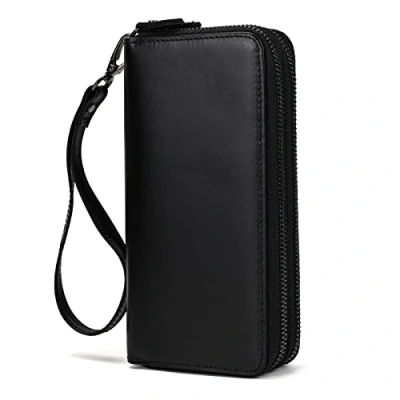 Image of LUUFAN Men&#039;s Genuine Leather Clutch Bag Double Zipper Purse 4 Interlayer Zip Around Wallet (Black 2)