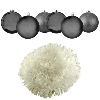 Image of Dark Grey Shatterproof Christmas Baubles 6cm (Pack of 6) with Iridescent White Deluxe 1.8m Tinsel Elegant Holiday Tree Decoration Set