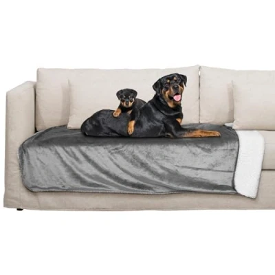 Image of furrybaby Waterproof Dog Blanket, Fluffy Pee Proof Pet Blanket for Couch Bed Protection Washable Reversible Fleece Sherpa Throw Furniture Protector Grey(152x203cm)