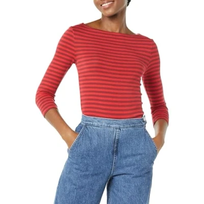 Image of Amazon Essentials Women&#039;s Slim Fit 3/4 Sleeve Solid Boat Neck T Shirt, Red Burgundy Stripes, XL