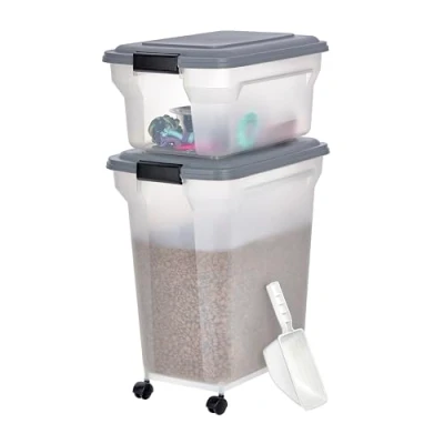 Image of Iris Ohyama Airtight Dog Food Storage Container with Wheels, 45L+20L Combo, Gray, Hermetic Seal, Plastic Bin Lid, For Pet Food, Cat Dry Treats, Kibble Box, BPA Free, ATS C