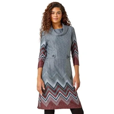Image of Roman Originals Cowl Neck Dress for Women UK Ladies Button Detail Shift Work Office Autumn Winter Knee Length Casual 3/4 Full Sleeve Round High Warm Neckline Dark Red Grey Size 20