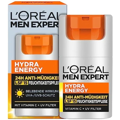 Image of L&#039;Oréal Men Expert Face Care with SPF 15 for Men, Invigorating Moisturising Cream 24H Anti Fatigue Sun Protection, Vitamin C and Proteins, Hydra Energy, 1 x 50 ml
