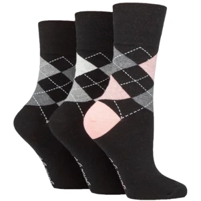 Image of Women&#039;s 3 Pair Gentle Grip Argyle Patterned Cotton Socks Black 4 8 Ladies