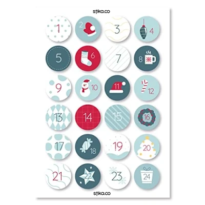 Image of Pack of 24 Christmas Mint Green Advent calendar paper Stickers, holiday 2019, numbers, DIY calendar,