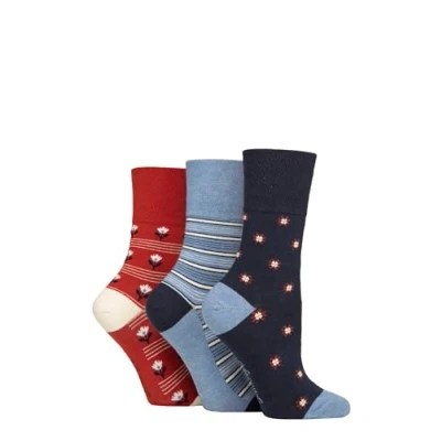 Image of Women&#039;s 3 Pair Gentle Grip Cotton Patterned and Striped Socks Tropical Folklore Denim / Navy Orange 4 8