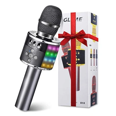 Image of GLIME Wireless Karaoke Microphone, Portable Bluetooth Microphone with LED Disco Light, Compatible Android/iOS/PC/Smartphone (Black)