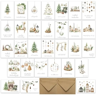Image of Christmas Cards with Envelope Set of 30 Cosy and Traditional Folding Greeting