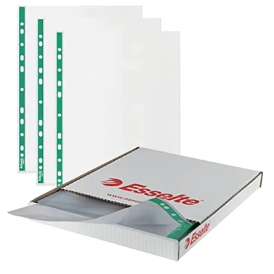 Image of Esselte A4 Punched Pockets, 500 x Poly 43 Micron Thickness, Embossed Pockets With Reinforced Green Spine, Ideal For Lever Arch Files &amp; Ring Binders (Pack of 500), 628617