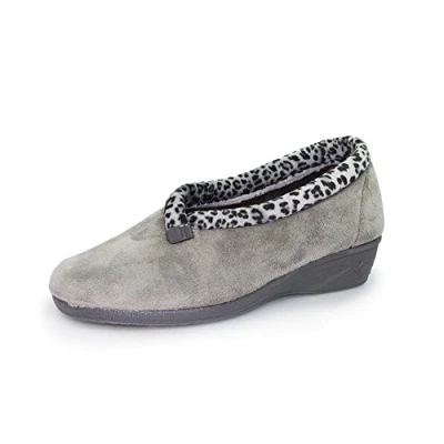 Image of Lunar Ladies&#039; Paloma Slippers in Grey with Leopard Trim Cozy Memory Foam Insole, Soft Lining, Non Slip Rubber Sole, Stylish Indoor House Shoes 5