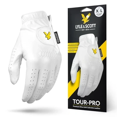 Image of Lyle &amp; Scott Tour Pro Premium Ultra Soft Cabretta Leather Golf Glove Ultimate Grip, Moisture Control, Durable Mens Glove, Men, White, Extra Large, Left Hand,