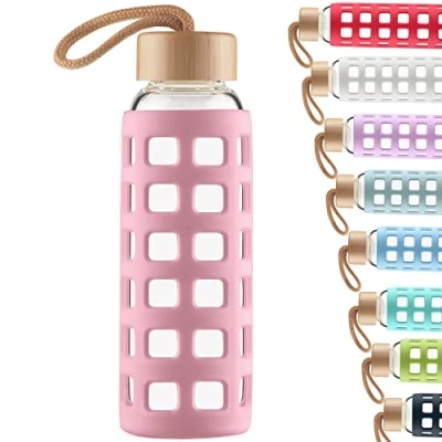 Image of Cleesmil Sports Glass Water Bottle with Silicone Sleeve Bamboo Lid BPA Free 360 ml (Rose)