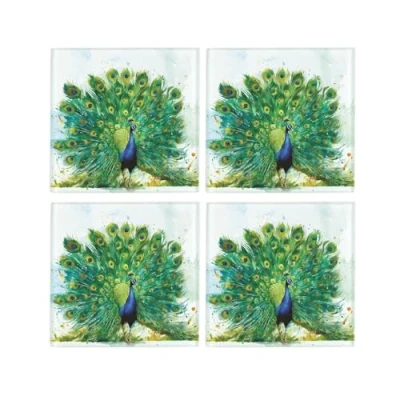 Image of Majestic Peacock Glass Coaster Set Vibrant Exotic Bird Gifts of Four (4) Square Drinks Coasters