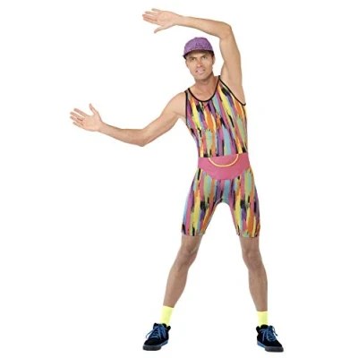 Image of Smiffys Aerobics Instructor Costume, Multi Coloured with Bodysuit, Hat &amp; Bum Bag, 1990&#039;s Fancy Dress, 1990s Dress Up Costumes