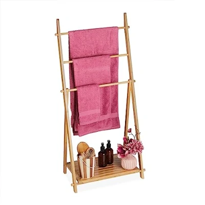 Image of Relaxdays Bamboo Towel, 3 Bars, 1 Shelf, HWD: 110 x 53 31.5 cm, Free Standing, Storage, Bathroom Rack, Natural