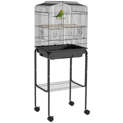 Image of PawHut Bird Cage Budgie Cages for Finch Canary Parakeet with Stand Wheels Slide out Tray Accessories Storage Shelf, Black 46.5 x 36 124 cm