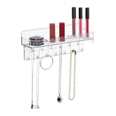 Image of Jewellery Holder, Adhesive, for Necklaces, Earrings &amp; Bracelets, with Shelf, hwd: 12 x 30 8 cm, Transparent Relaxdays