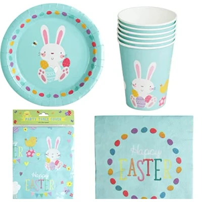 Image of 25 Piece Happy Easter Tableware Set 12 Napkins 6 Cups 1 Table Cover Plates Paper Partyware Perfect for The Celebrations and Parties