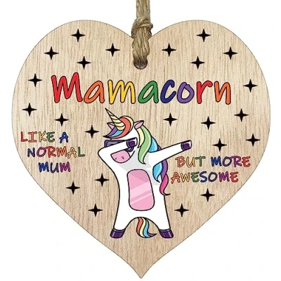 Image of Mum Birthday Gift for Her Mamacorn Wooden Heart Plaques, Light Wood Sign Keepsake, Funny Mom Happy Plaque Gifts Unicorn Awesome Present from Son or Daughter